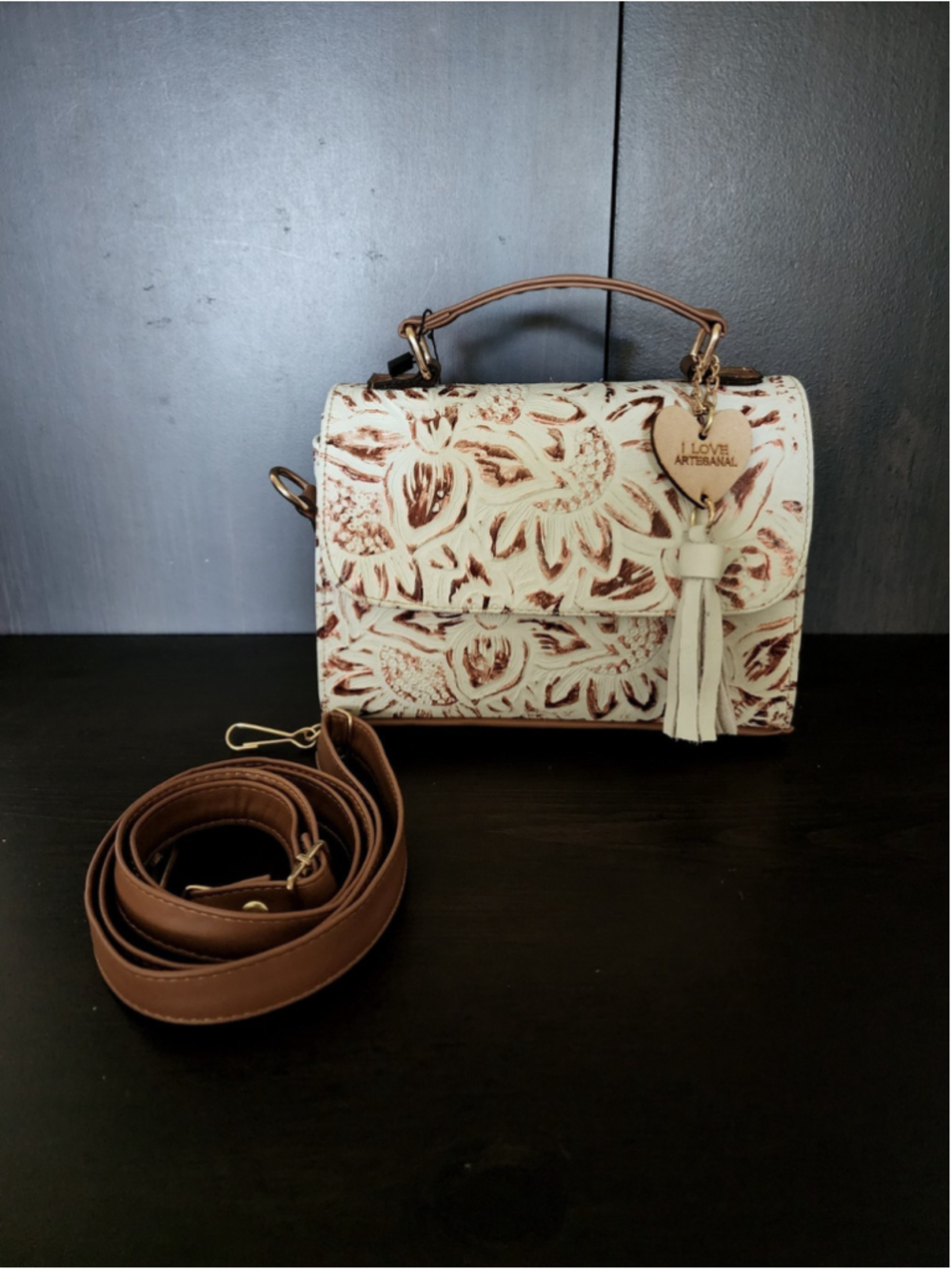 White Bronze Brown Sunflower Embossed Tooled Artisan Leather Crossbody Purse - Picture 14 of 16